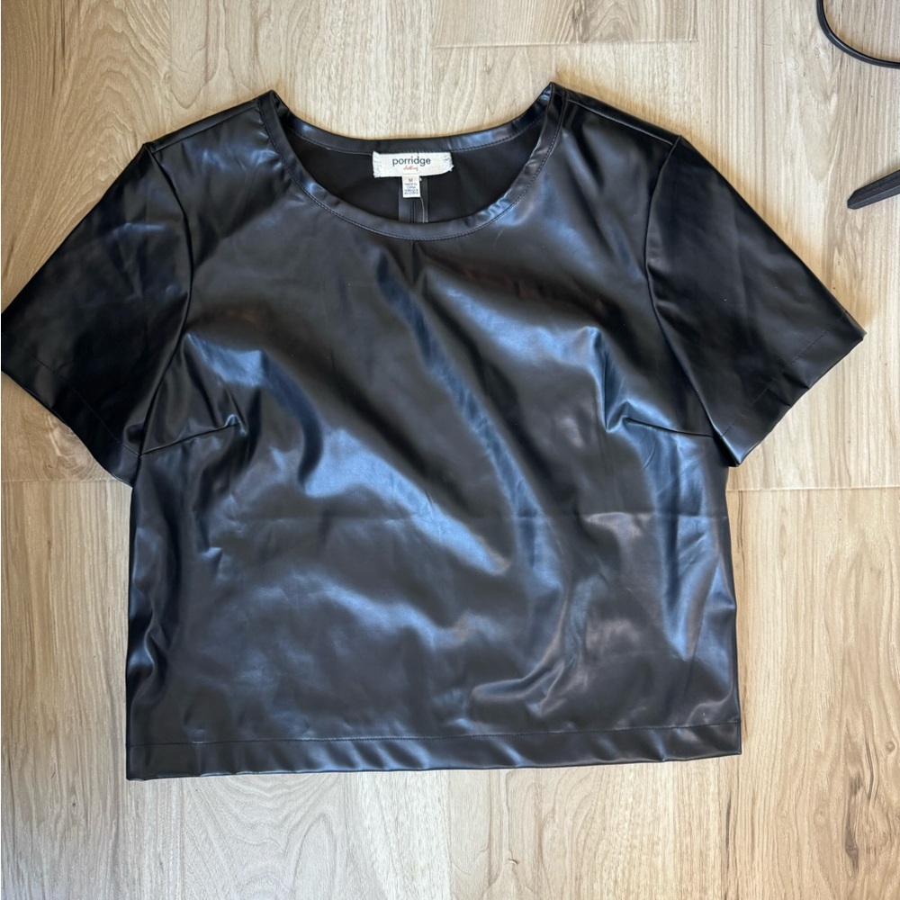 NWT Anthropologie Black Faux Leather Top